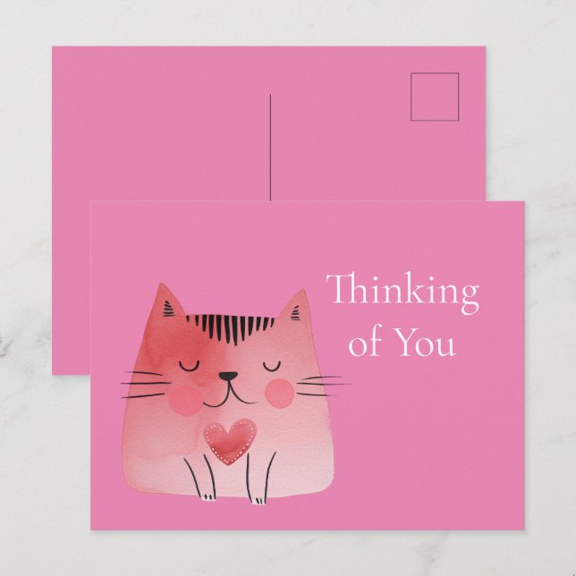 Pink Cute Cat Thinking of you Postcard (Front/Back)