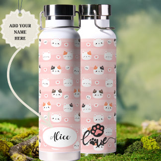 Pink Cute Cats Personalised Name Design Water Bottle