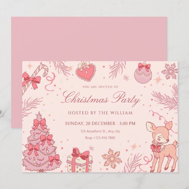 Pink cute christmas party invitation (Front/Back)
