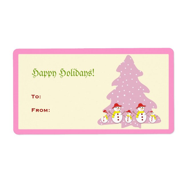 Pink Cute Christmas Tree Snowmen Avery Label (Front)