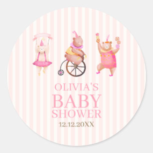 Pink Cute Circus Carnival Teddy Bear Baby Shower  Classic Round Sticker