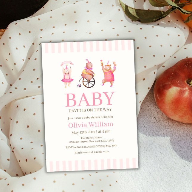 Pink Cute Circus Carnival Teddy Bear  Baby Shower  Invitation (Pink Cute Circus Carnival Teddy Bear Baby Shower Invitation)