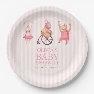 Pink Cute Circus Carnival Teddy Bear Baby Shower Paper Plate