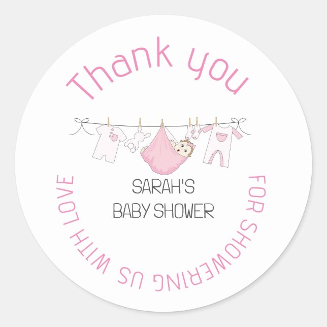 Pink Cute Clothesline Baby Shower Thank You Favour Classic Round Sticker (Front)