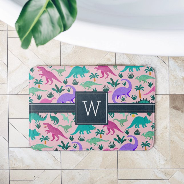 Pink | Cute Colourful Dinosaur Pattern Kid Monogra Bath Mat (Creator Uploaded)