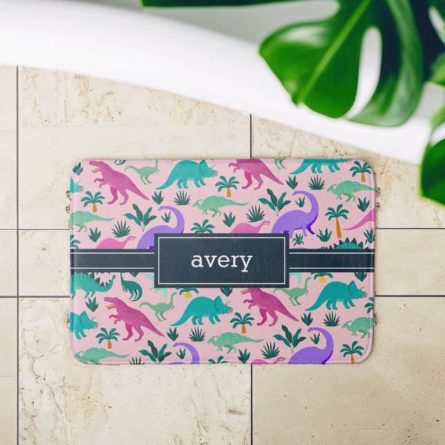 Pink | Cute Colourful Dinosaur Pattern Kids Name Bath Mat (Creator Uploaded)