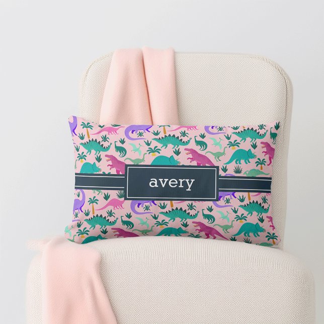 Pink | Cute Colourful Dinosaur Pattern Kids Name Lumbar Cushion (Creator Uploaded)