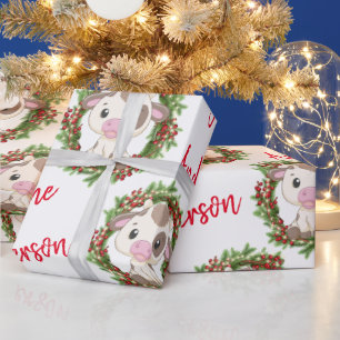 Pink Cute Cow Christmas wreath personalized name  Wrapping Paper