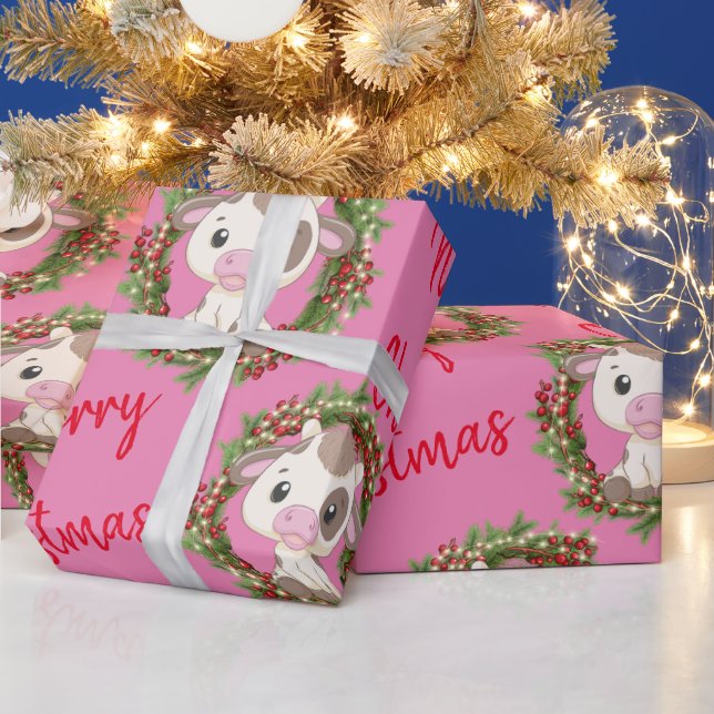 Pink Cute Cow Christmas wreath Wrapping Paper (Holidays)