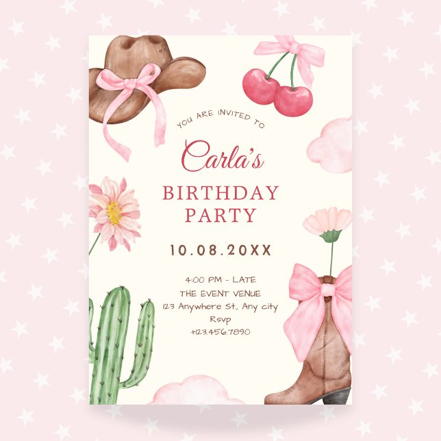 Pink cute cowboy bow birthday invitation (Creator Uploaded)