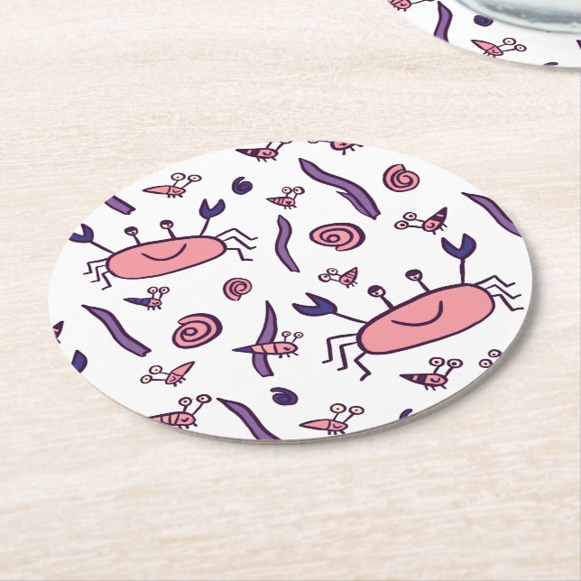 Pink Cute Crab Sea Animal Pattern Kids  Round Paper Coaster (Angled)