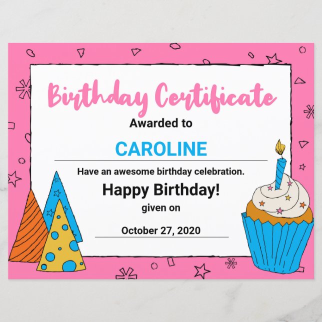 Pink Cute Cupcake Clipart Birthday Certificate (Front)