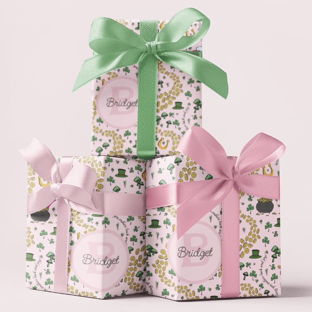 Pink, Cute & Curvy St. Patrick's Day Tissue Paper (whimsical pattern of gold shamrock coins , pots of gold under rainbows, horseshoes, green clovers...)