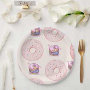 Pink Cute desert sweet doughnuts illustration patt Paper Plate