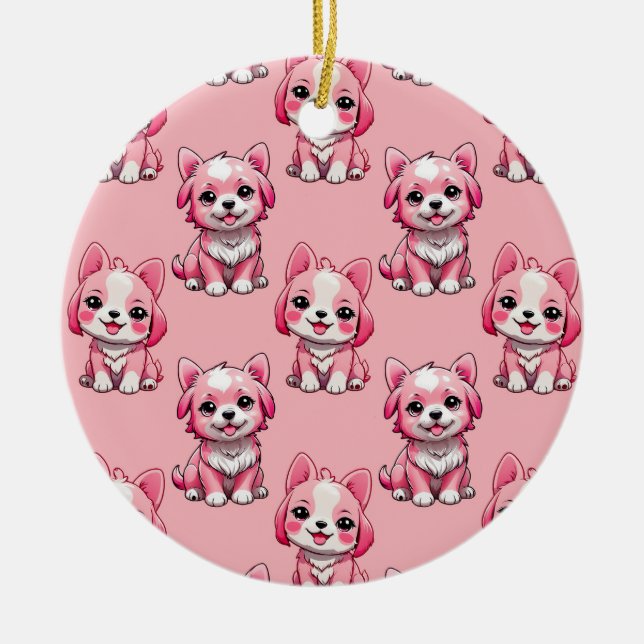 Pink Cute Dogs Ceramic Tree Decoration (Front)