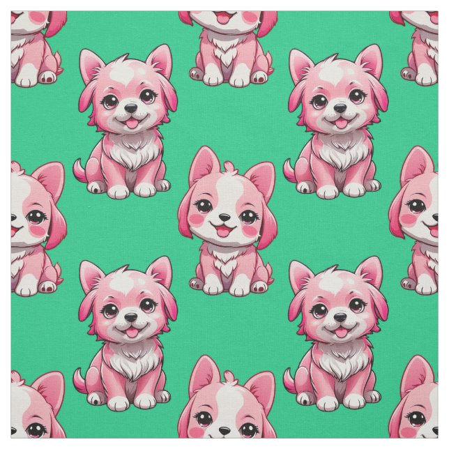 Pink Cute Dogs - Green  Fabric (Swatch)