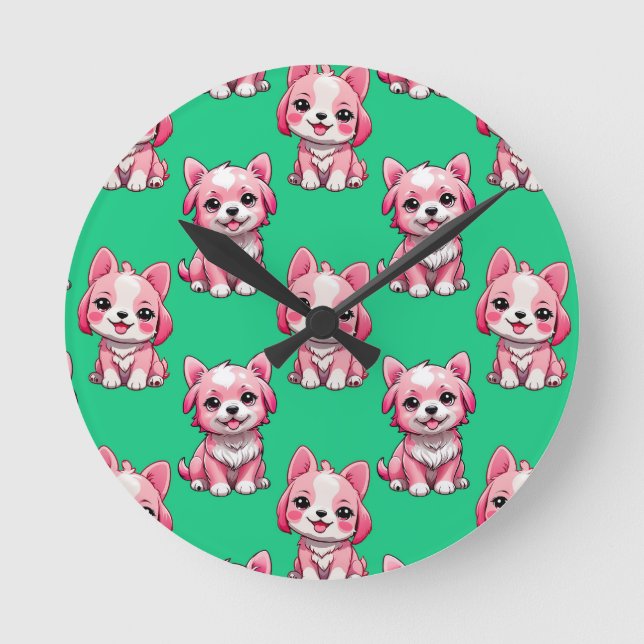 Pink Cute Dogs - Green  Round Clock (Front)
