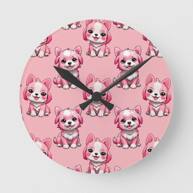 Pink Cute Dogs Round Clock (Front)
