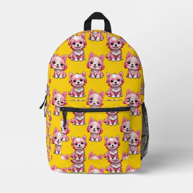 Pink Cute Dogs - Yellow  Printed Backpack (Front)