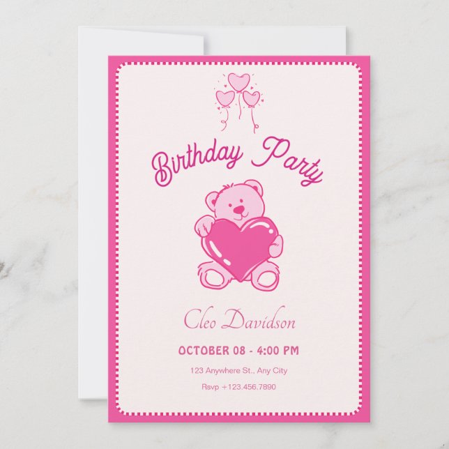Pink cute doll heart birthday invitation (Front)