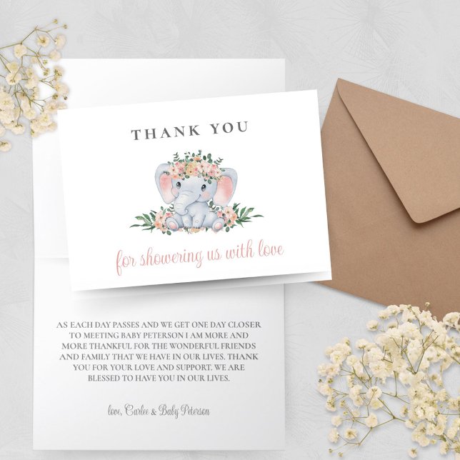 Pink Cute Elephant Baby Shower Thank You Card (Simple Minimal Blush Pink Elephant Baby Shower Thank You Cards)