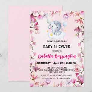 Pink Cute elephant cub flowers baby shower kids Invitation