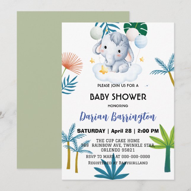 Pink Cute elephant cub flowers baby shower kids Invitation (Front/Back)