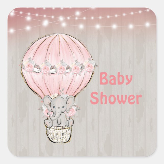 Pink Cute Elephant Hot Air Balloon Baby Shower  Sq Square Sticker (Front)