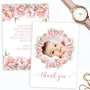 Pink cute floral baby girl shower Thank You Card