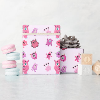 Pink Cute Fun Monster Birthday Gift Wrap for Girls