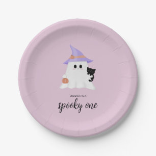 Pink Cute Ghost Halloween 1st Birthday Girl Paper Plate