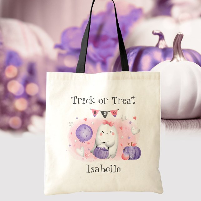 Pink Cute Ghost Trick or Treat Halloween Name Tote Bag (Cute Little Boo Pink Trick or Treat Halloween Tote Bag)