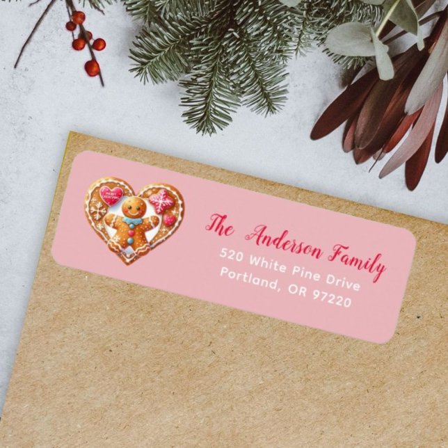 Pink Cute Gingerbread Man Heart Return Address (Creator Uploaded)