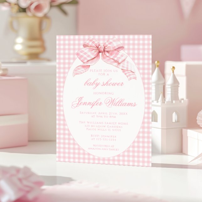 Pink Cute Gingham Coquette Bow Baby Girl Shower Invitation (Creator Uploaded)