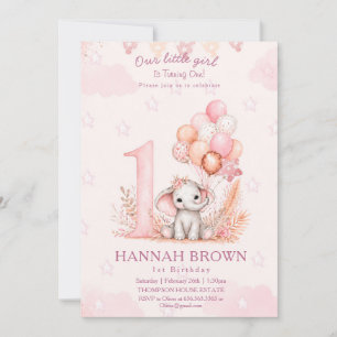 Pink cute girl elephant 1st floral birthday Invitation