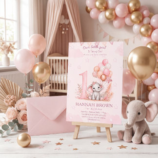  Pink cute girl elephant 1st floral birthday Invitation