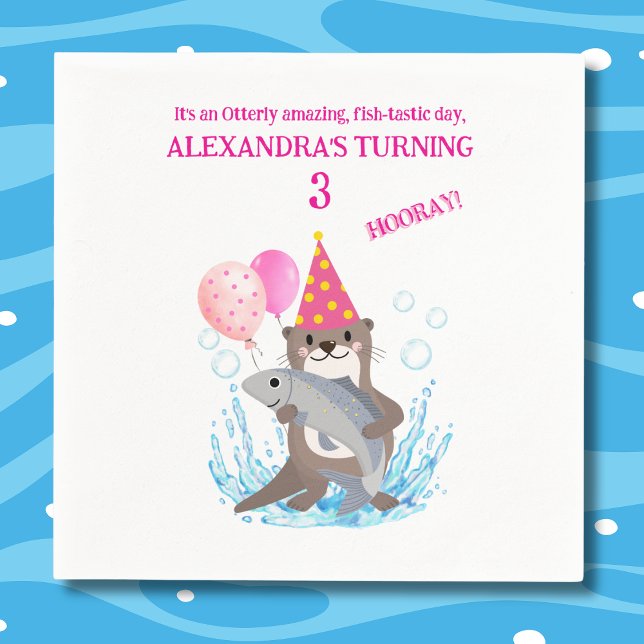 Pink Cute Girl Sea Otter Birthday Party Napkin (Creator Uploaded)