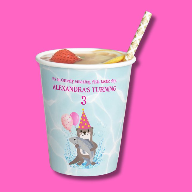 Pink Cute Girl Sea Otter Birthday Party Paper Cups (Creator Uploaded)