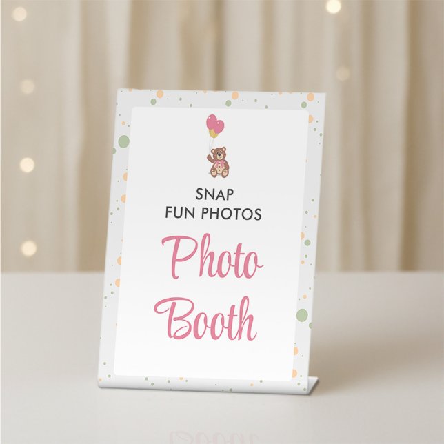 Pink Cute Girl Teddy Bear Baby Shower Photo Booth Pedestal Sign (Creator Uploaded)