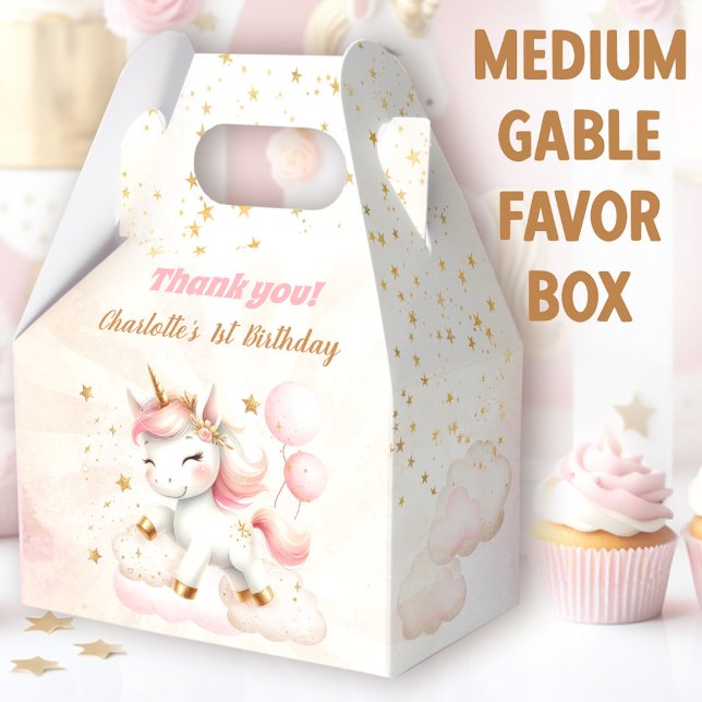 Pink Cute Happy Unicorn Girl Birthday Medium Favour Box (Cute Unicorn Medium Gable Favor Boxes - You can choose from 3 sizes of these gable favor boxes)