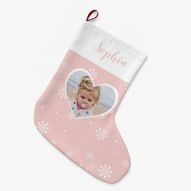 Pink Cute Heart, Snowflakes Christmas Custom Photo Large Christmas Stocking (Front (Hanging))