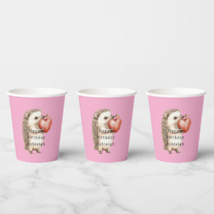 Pink Cute Hedgehog Heart Animal Birthday Paper Cups