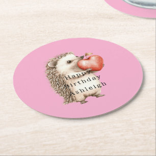 Pink Cute Hedgehog Heart Animal Birthday Round Paper Coaster