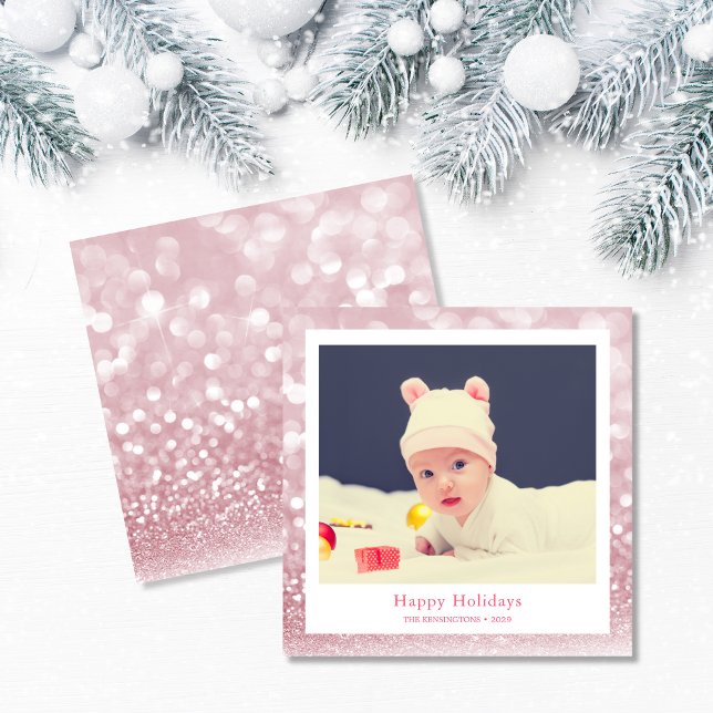 Pink Cute Holiday Baby Photo (Baby Girl’s First Christmas Square Photo Card)