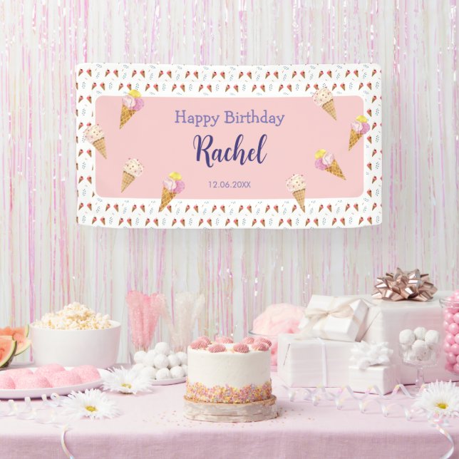Pink Cute Ice Cream Cone Kids Girl Birthday Banner (Party)