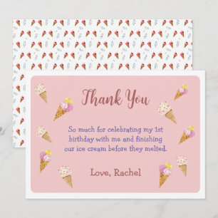 Pink Cute Ice Cream Cone Party Girl Birthday Thank You Card