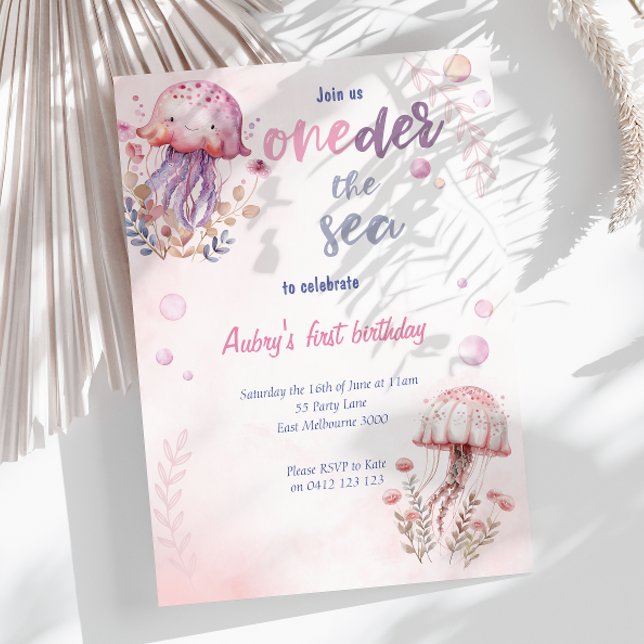 Pink Cute Jellyfish Oneder The Sea 1st Birthday Invitation (Creator Uploaded)