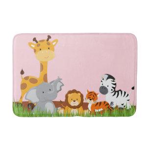 Pink Cute Jungle Baby Animals Bath Mat