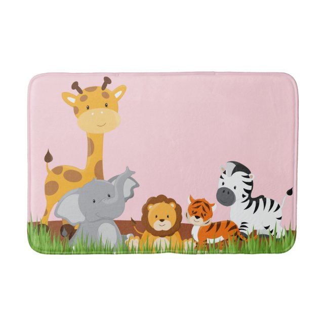 Pink Cute Jungle Baby Animals Bath Mat (Front)