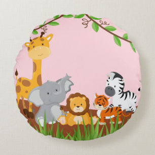 Pink Cute Jungle Baby Animals Round Pillow